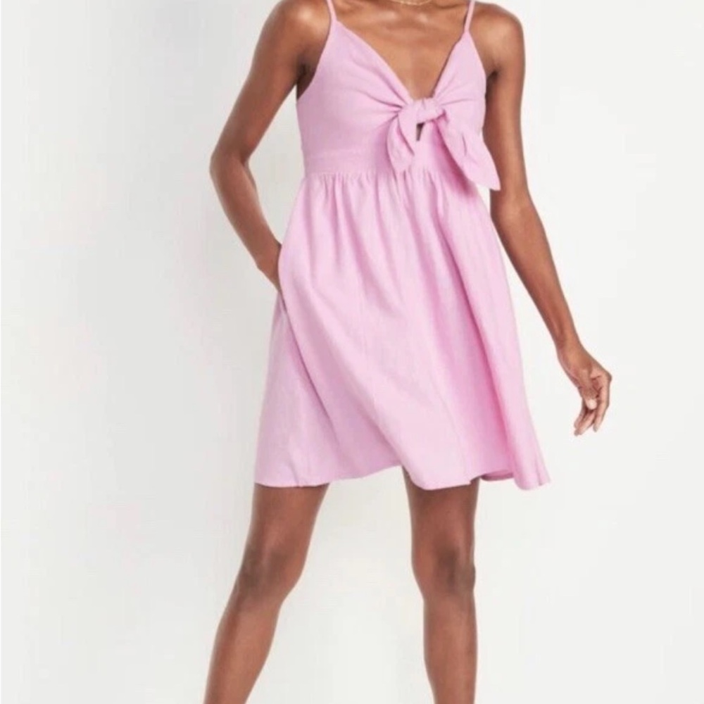 Old Navy Fit & Flare Tie-Front Smocked Linen-Blend Mini Cami Dress Size XXL Pink